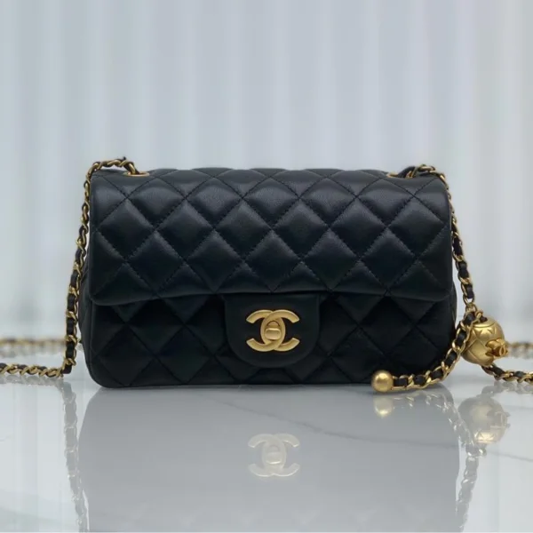 CHANEL Lambskin Quilted Mini Rectangular Sweet Camellia Flap Black