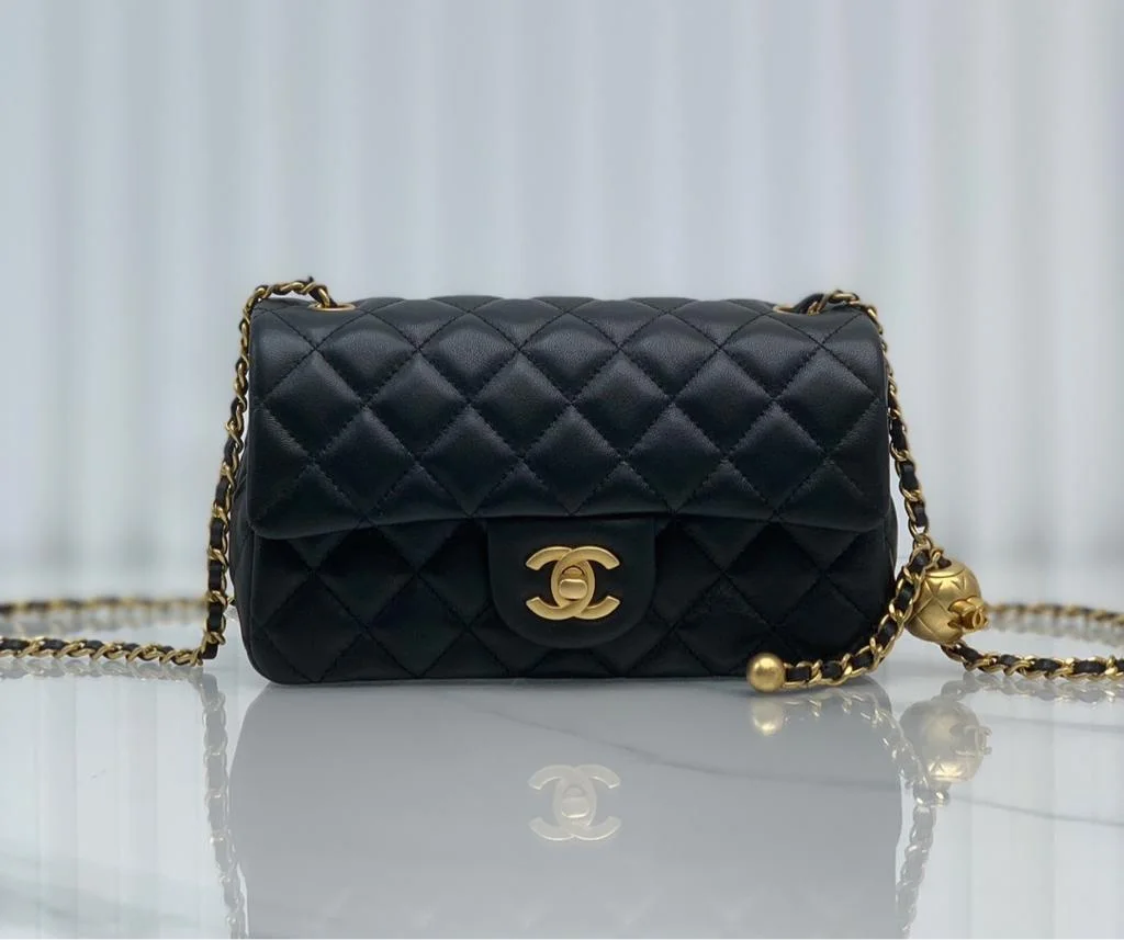CHANEL Lambskin Quilted Mini Rectangular Sweet Camellia Flap Black
