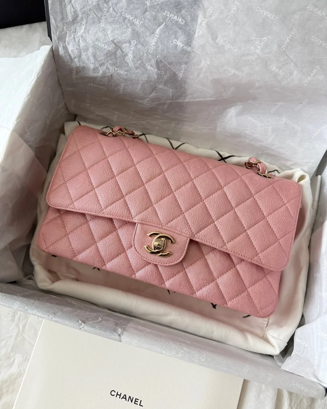 Chanel Classic Double Flap Bag in Pink Iridescent Caviar Leather